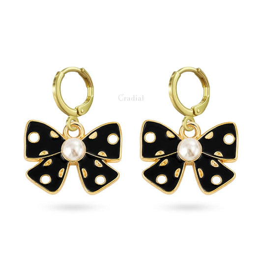 Black Bow With Pearl Earrings