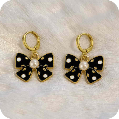 Black Bow With Pearl Earrings