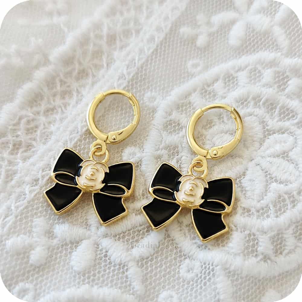 Black Bow With Rose Earrings