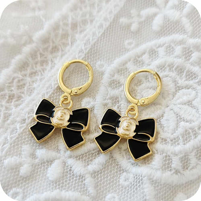 Black Bow With Rose Earrings