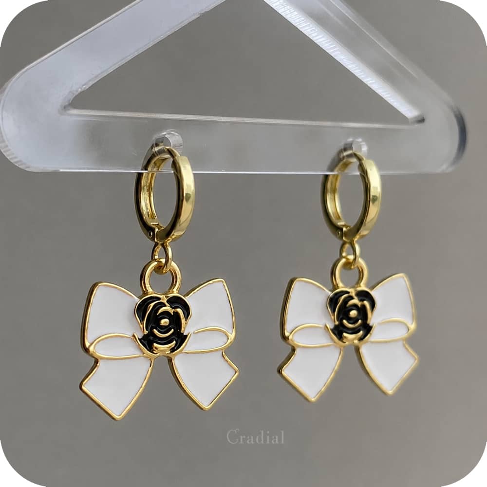 White Bow With Rose Earrings