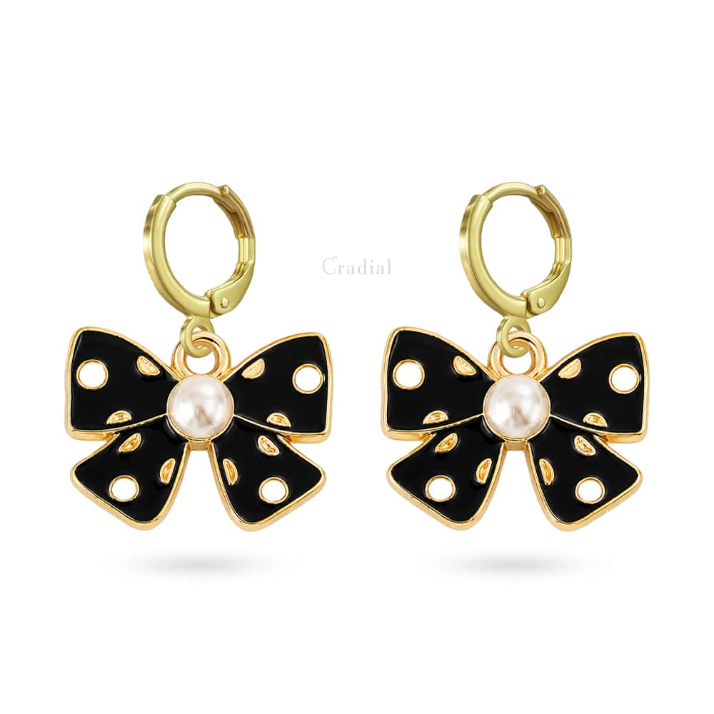 Black Bow With Pearl Earrings