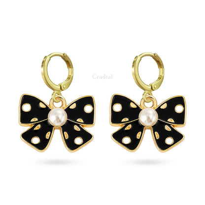 Black Bow With Pearl Earrings