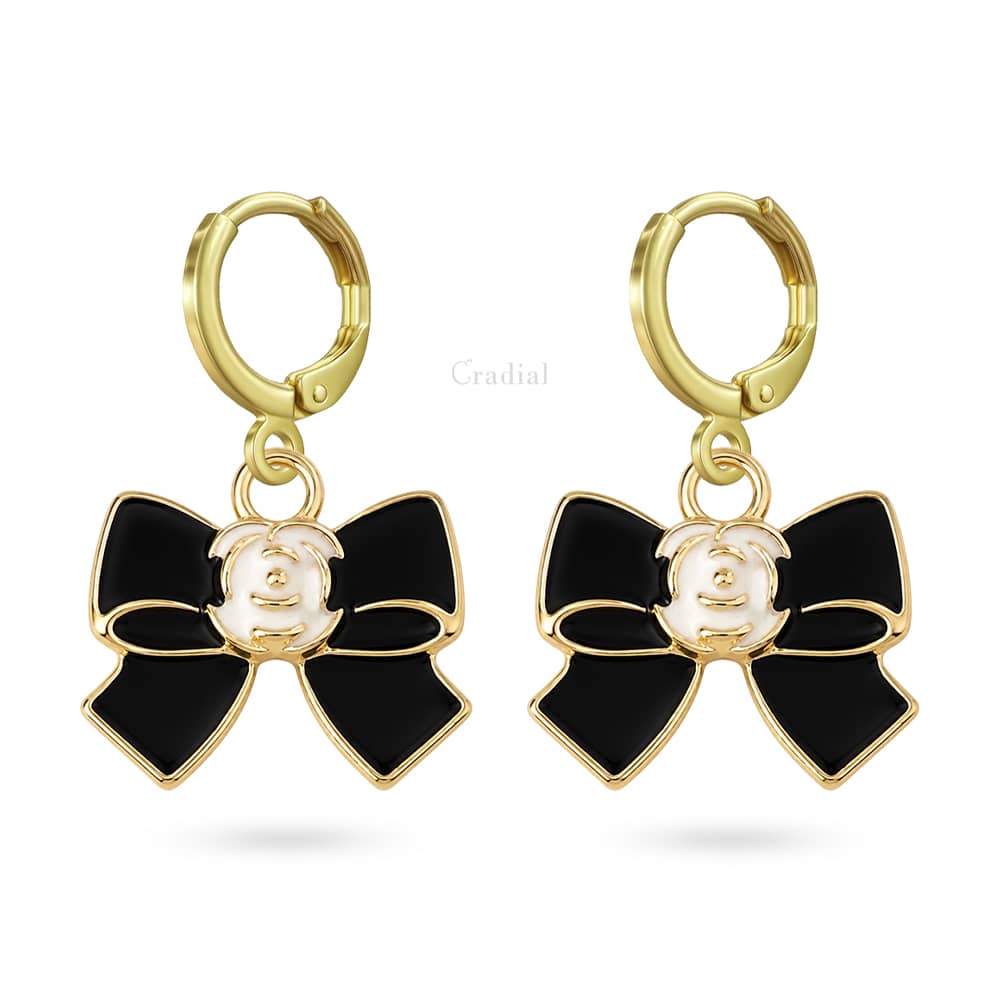 Black Bow With Rose Earrings