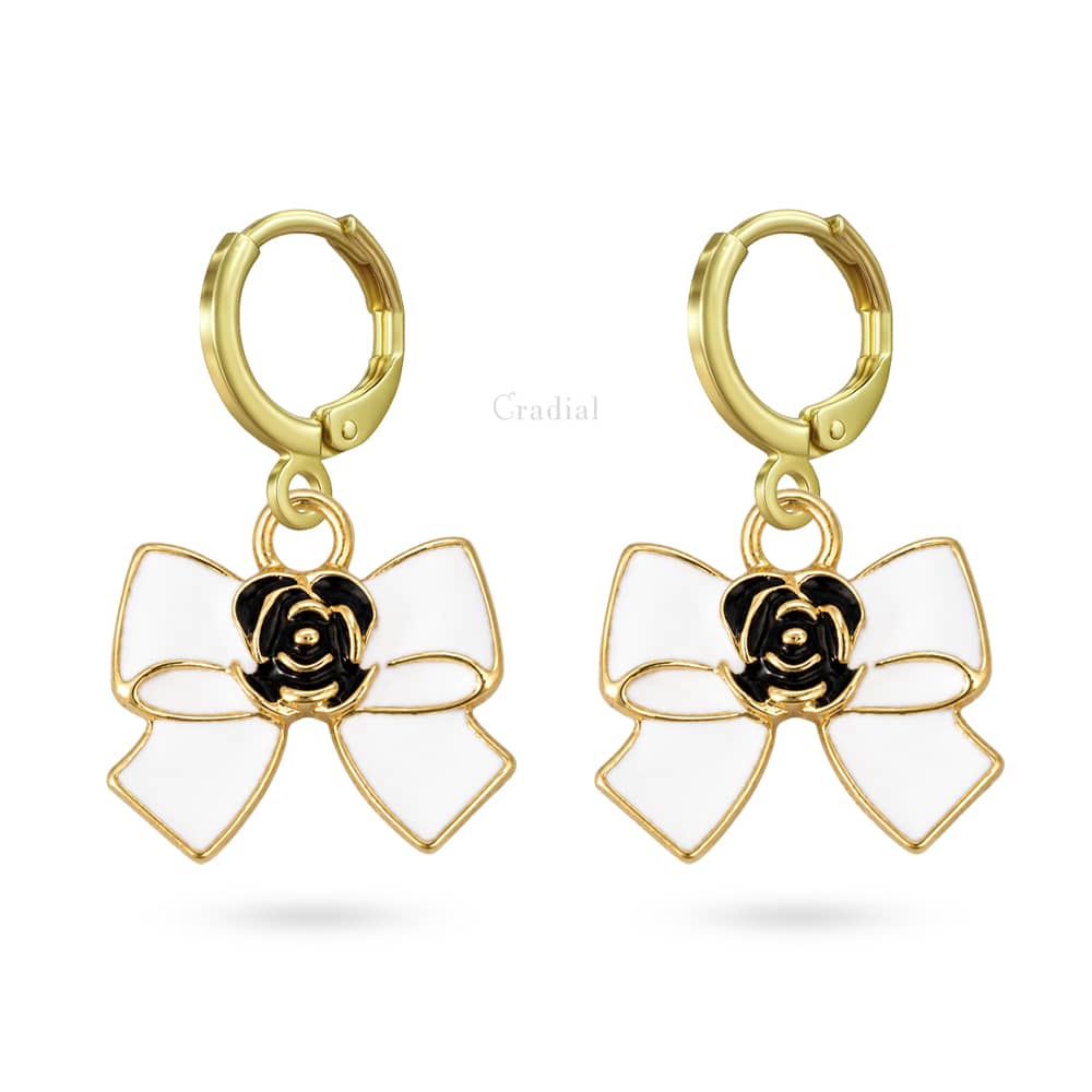 White Bow With Rose Earrings