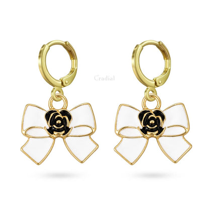 White Bow With Rose Earrings