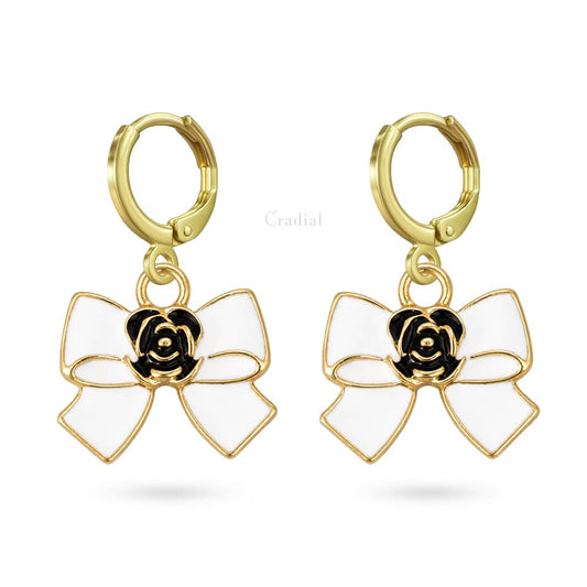 White Bow With Rose Earrings