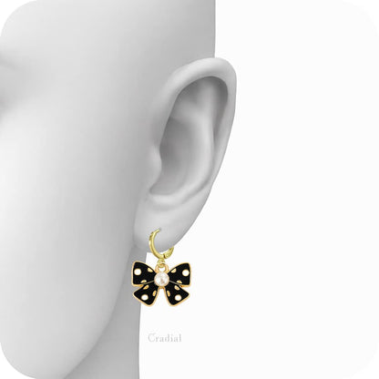 Black Bow With Pearl Earrings